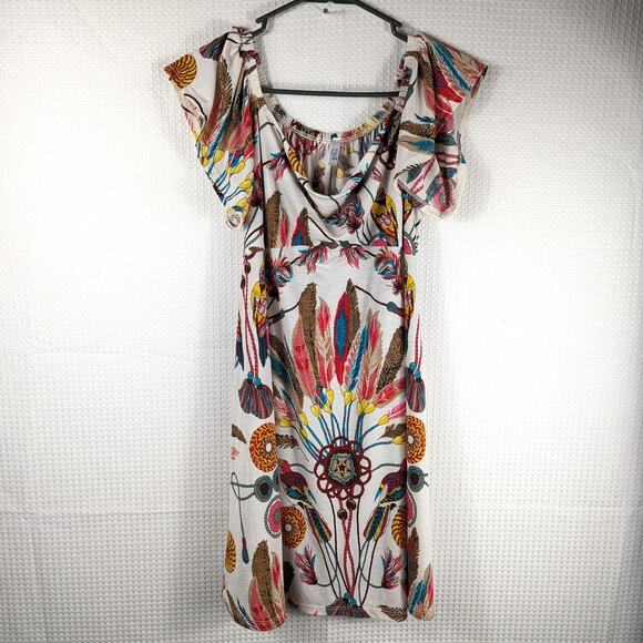 Y-Liee M Made in USA Multicolor Parrot Feather Print Dress Flutter Sleeve Boho - Picture 1 of 6